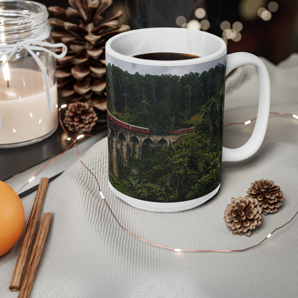 Scenic Viaduct Train Ceramic Mug – Vintage Red Engine on Mountain Bridge (11oz/15oz)