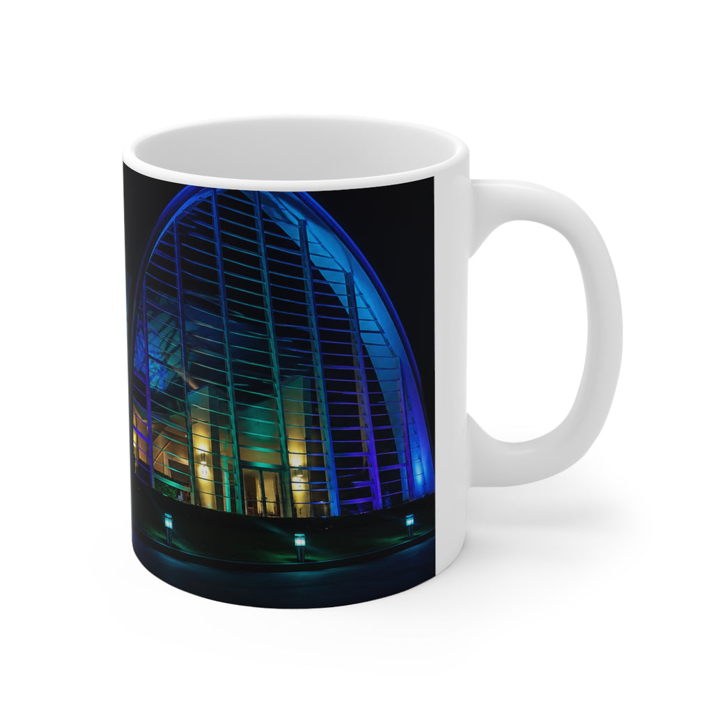 Nightlight Cityscape Mug — Neon Building Photo Ceramic Coffee Cup (11oz, 15oz)