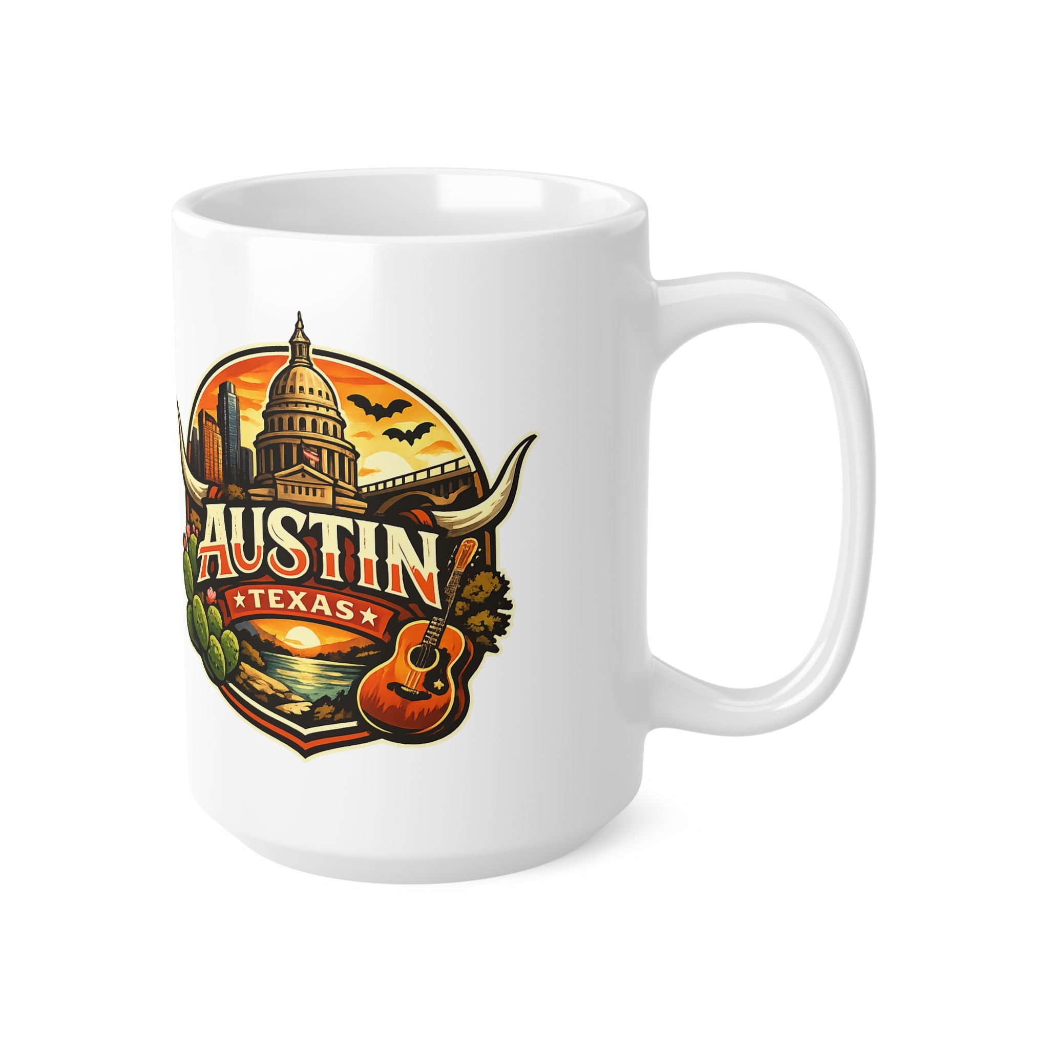 Austin Texas Coffee Mug — Vintage Capitol & Guitar Ceramic Mug (11oz/15oz)