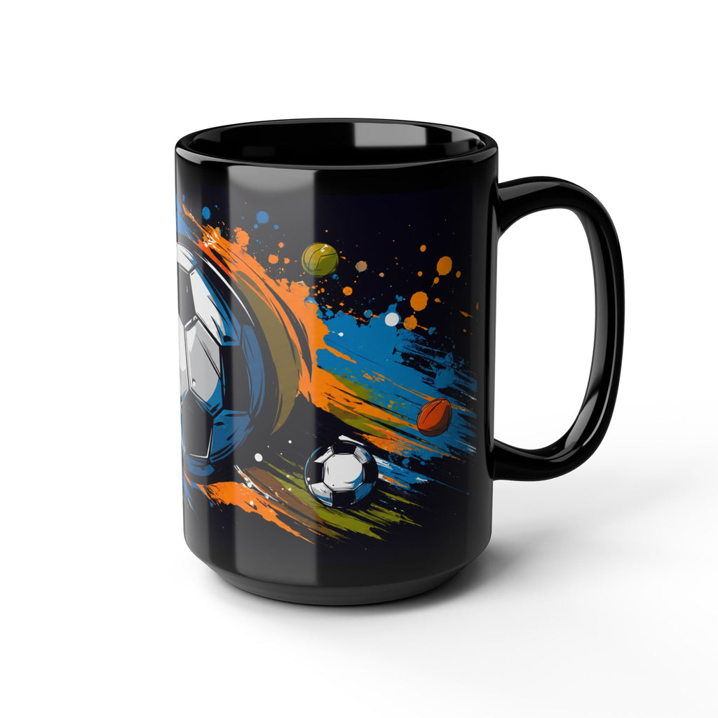 Soccer Splash Black Mug (11oz & 15oz) – Colorful Football Design for Fans & Coaches
