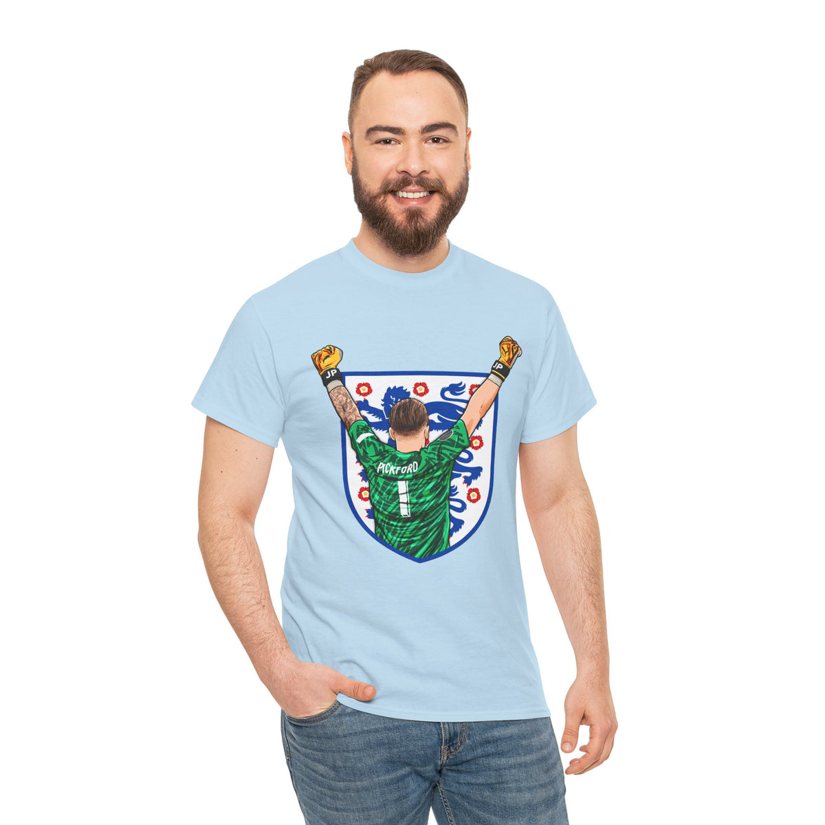Pickford England Number 1 Goalkeeper Graphic Tee — Victory Pose Jersey Design