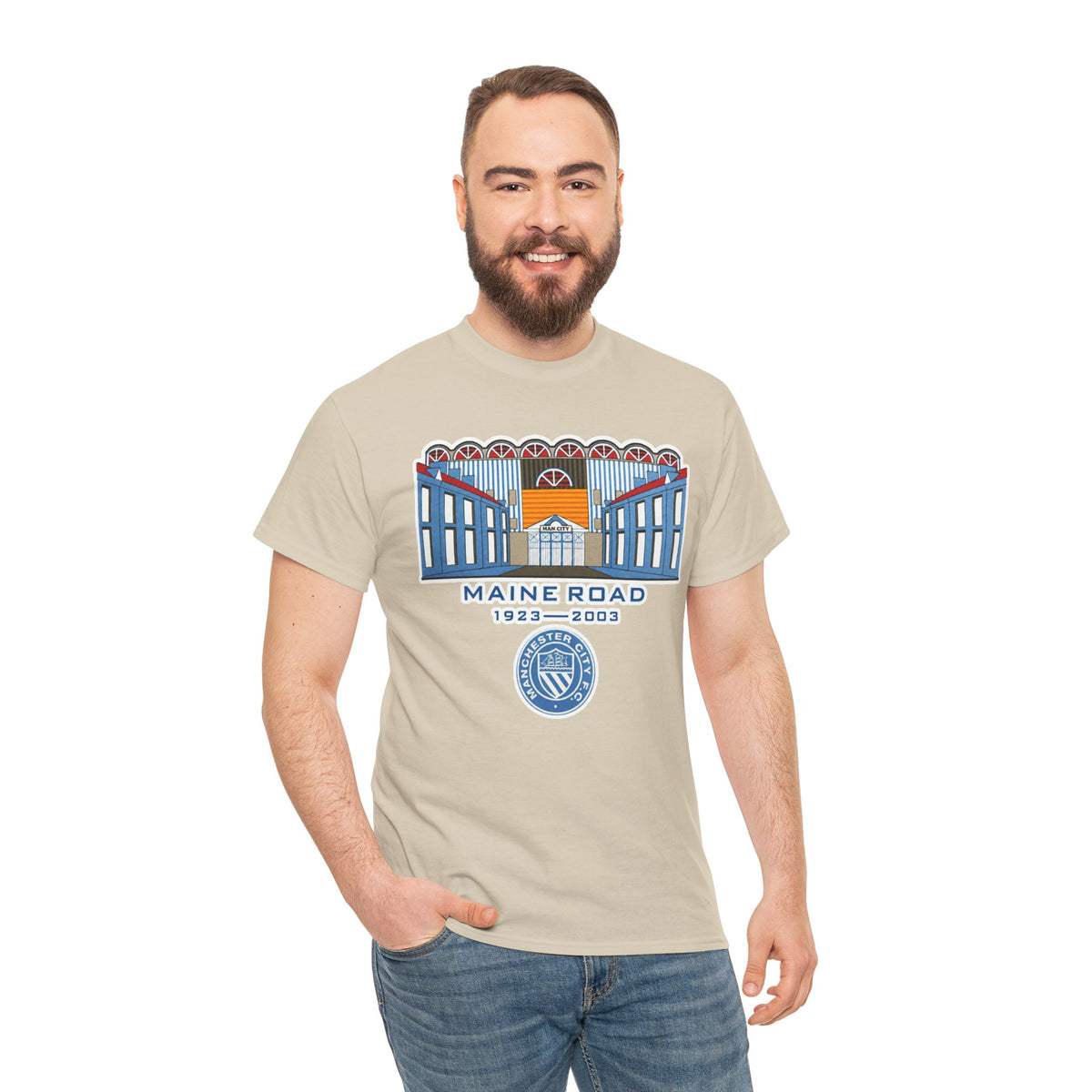 Maine Road 1923–2003 Cotton T-Shirt — Vintage Stadium Illustration Tee