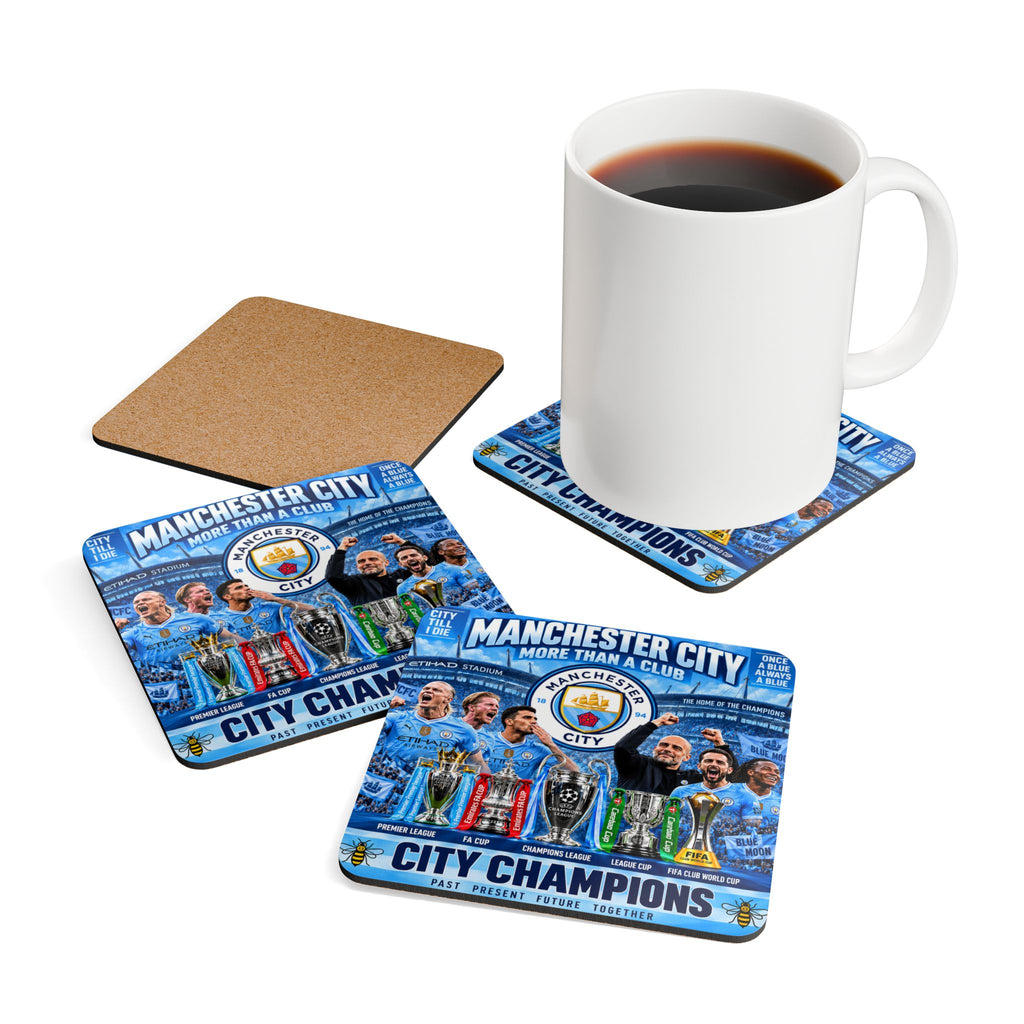 Manchester City Champions Corkwood Coaster Set — City Champions Football Team Drink Coasters