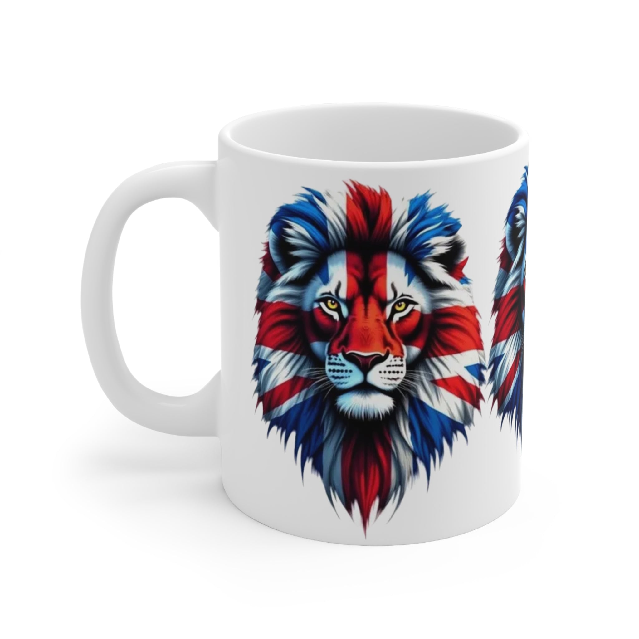 Union Jack 3 Lions Mug — British Flag Ceramic Coffee Cup (11oz & 15oz)