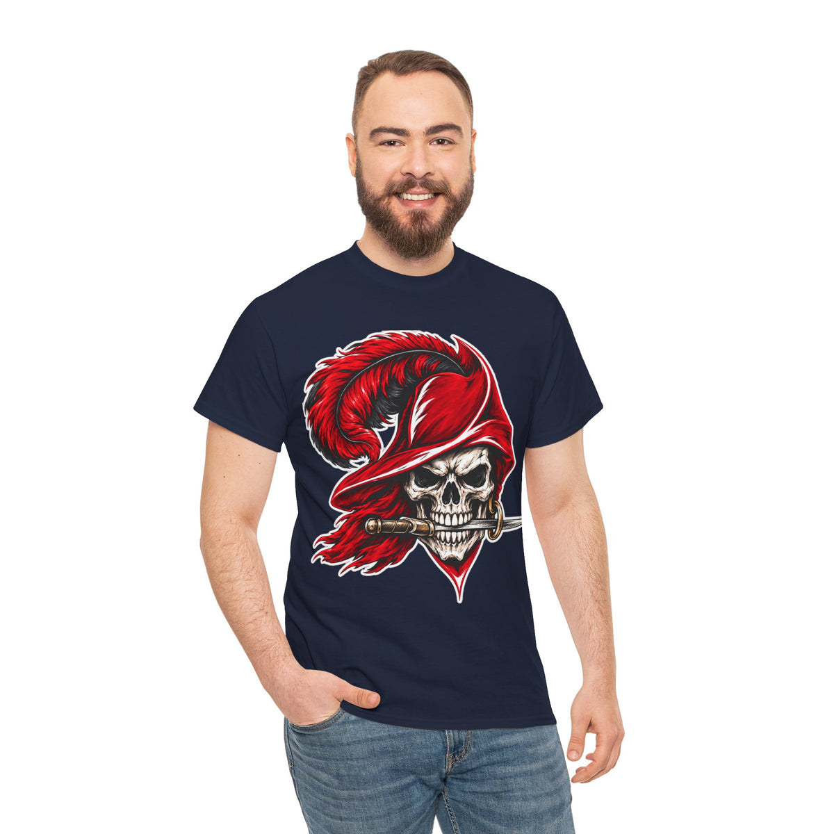 Skull Pirate Tee — Red Feathered Bandana Skull T‑Shirt