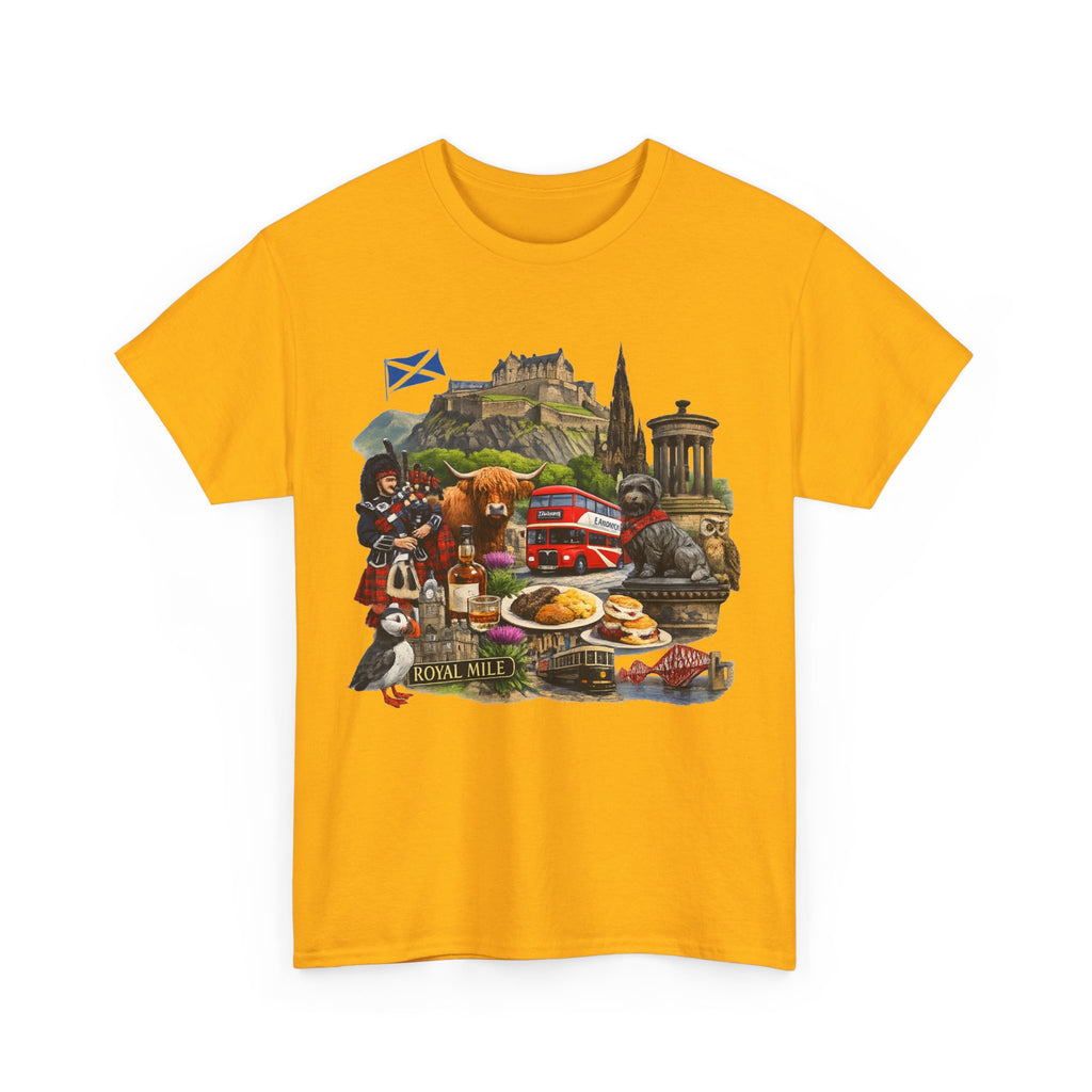Scotland / Edinburgh Travel Collage T-Shirt — Edinburgh Castle, Bagpipes & Local Icons
