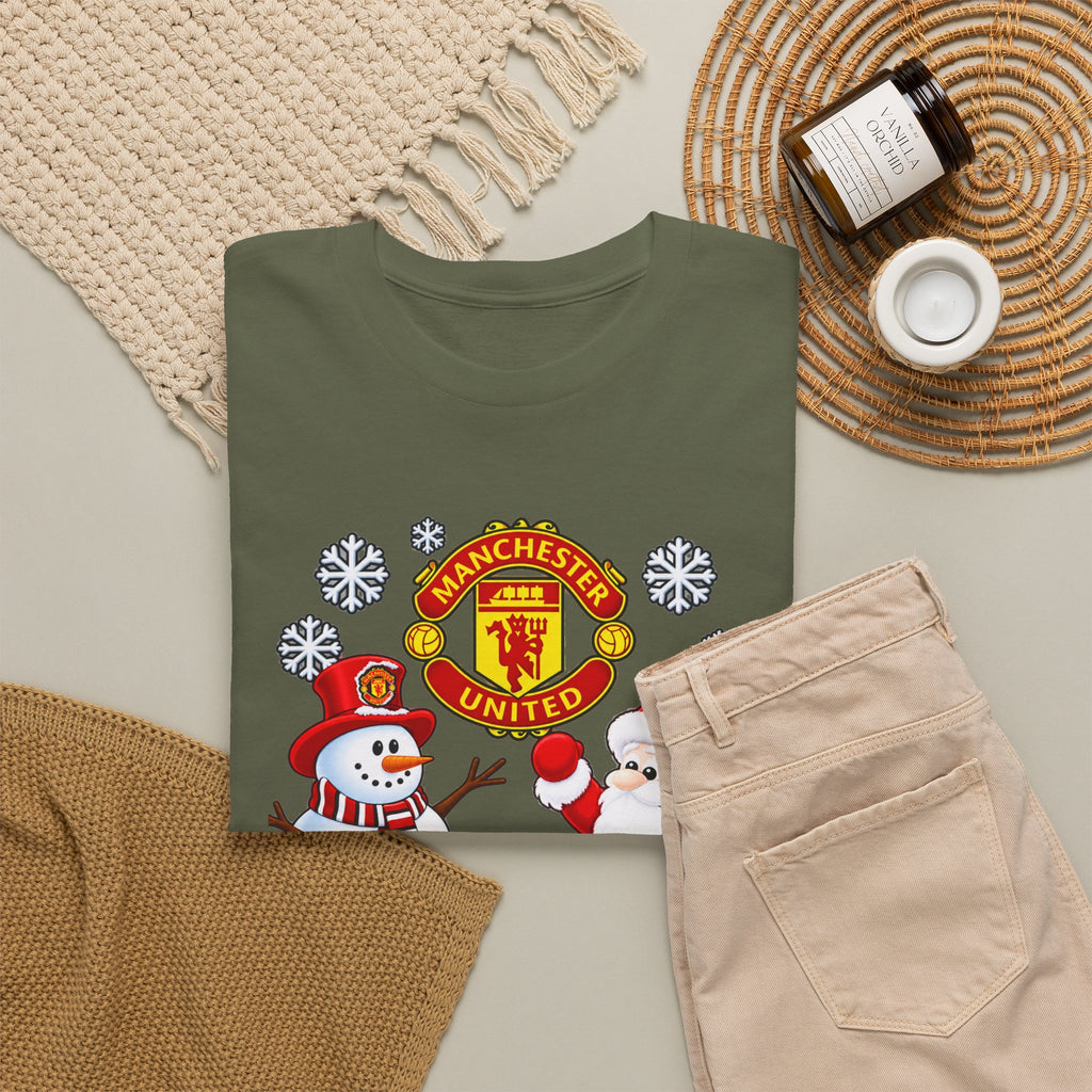 Manchester United Christmas Cotton Tee — Santa & Snowman Football Holiday Shirt