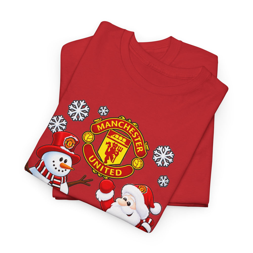Manchester United Christmas Cotton Tee — Santa & Snowman Football Holiday Shirt