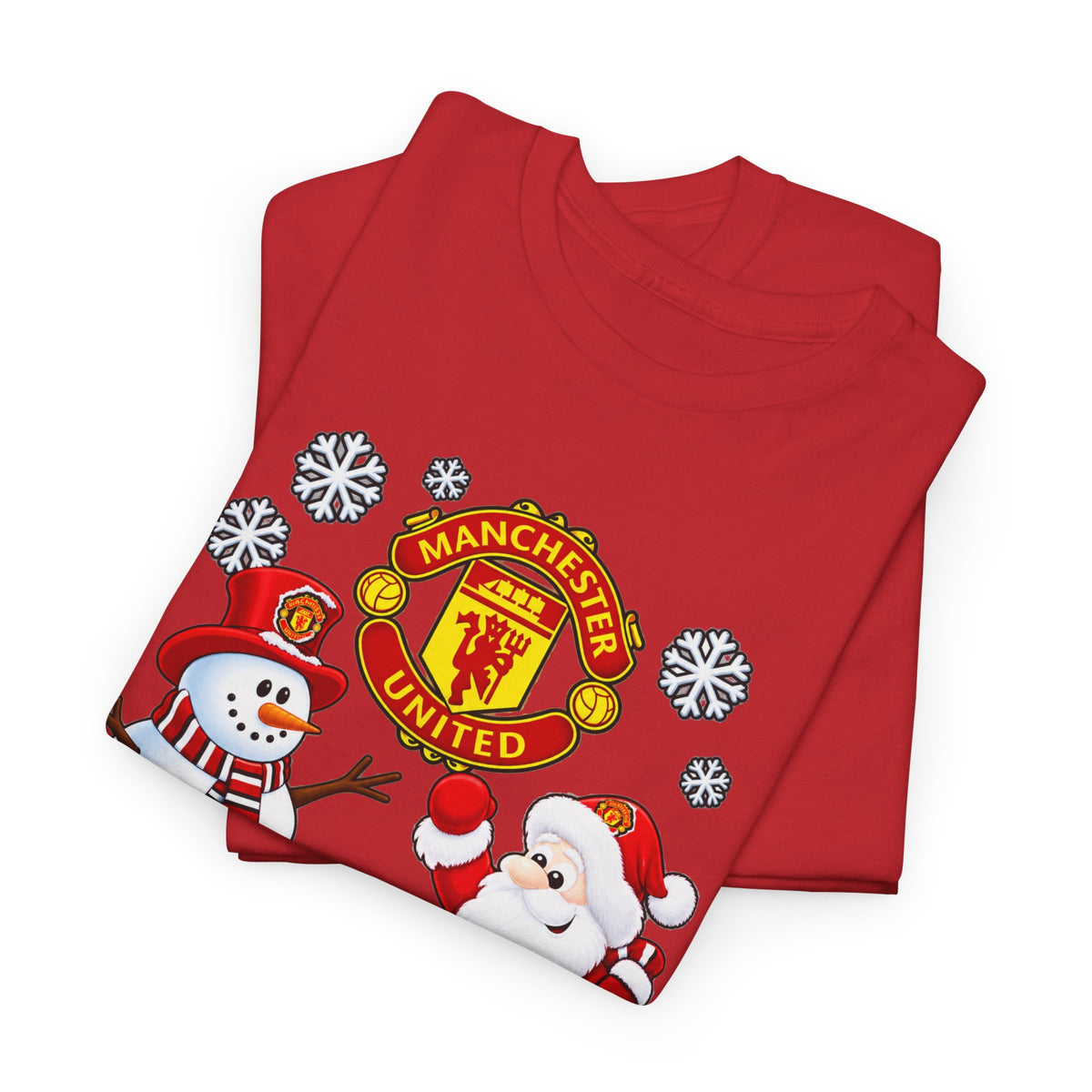 Manchester United Christmas Cotton Tee — Santa & Snowman Football Holiday Shirt