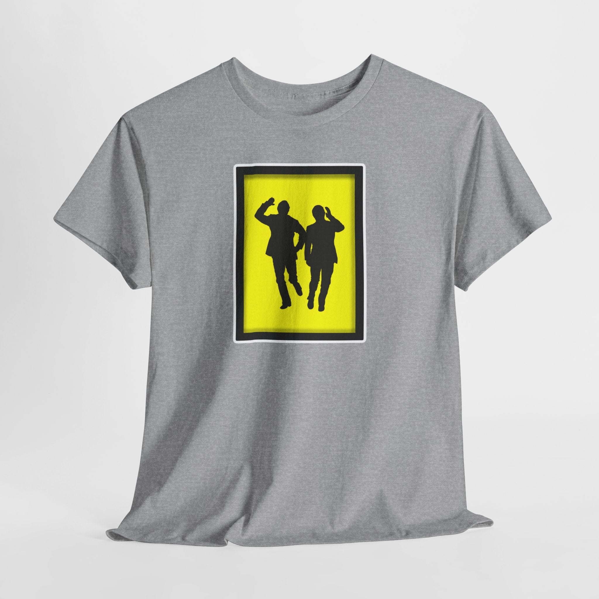 Morecambe and Wise Dancing Silhouette Tee – Retro Yellow Frame Graphic T-Shirt