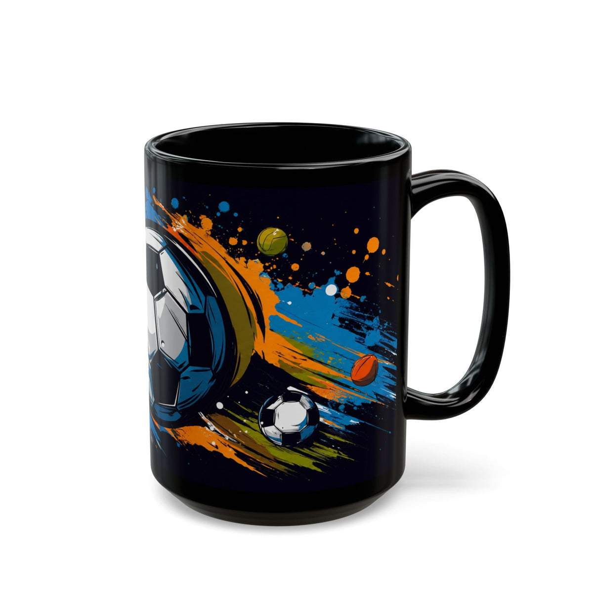 Soccer Splash Black Mug (11oz & 15oz) – Colorful Football Design for Fans & Coaches