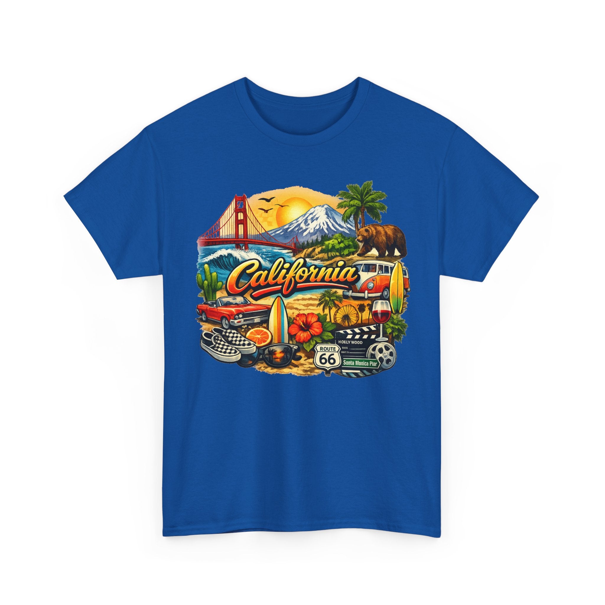 California Vintage Travel T-Shirt — Golden Gate, Palm Trees & Route 66 Tee