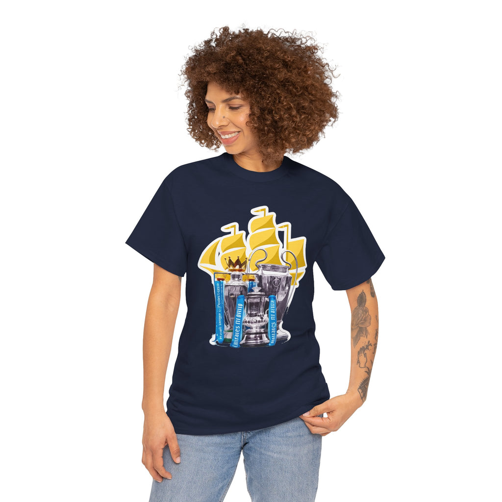 Manchester City Champions Trophy Tee – Golden Cups & Blue Scarves Football Fan Shirt