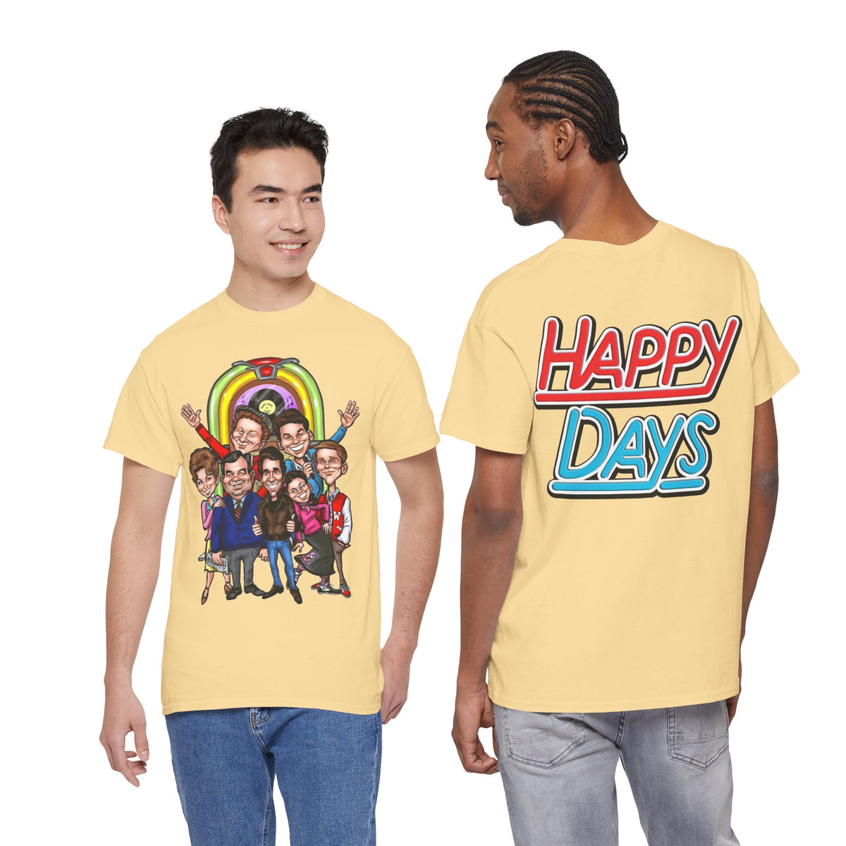 Happy Days Cast Caricature Tee — Retro 70s Sitcom Graphic T-Shirt