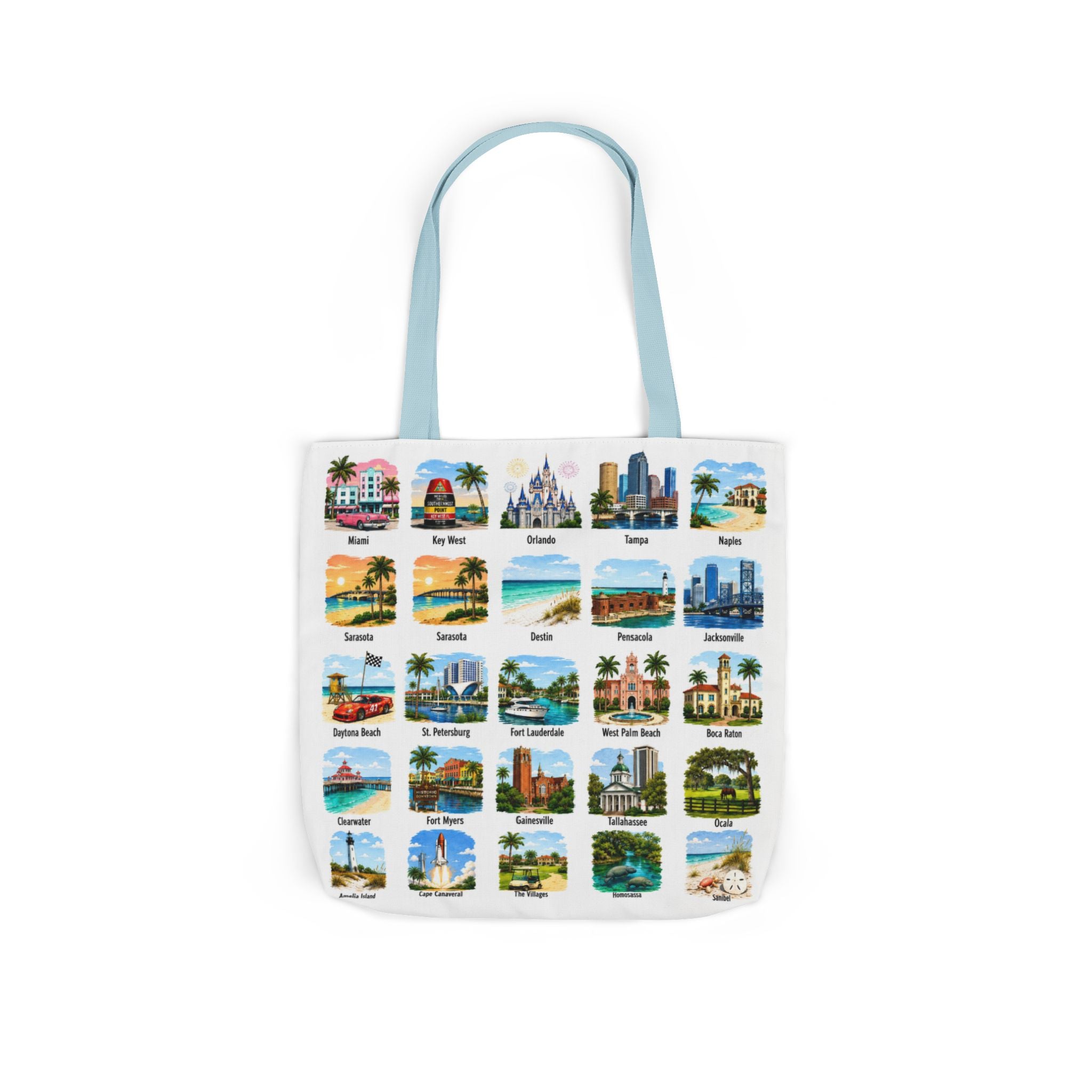 Florida City Landmark Collage Canvas Tote Bag — Vintage Travel Icons Print