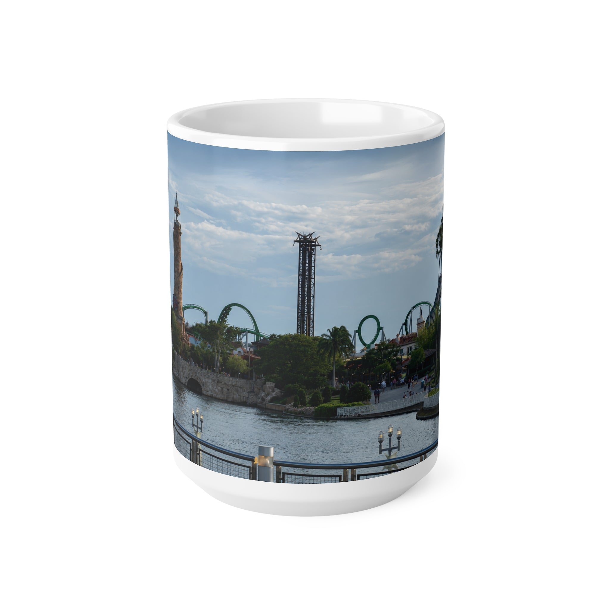 Universal IOA Theme Park Skyline Ceramic Mug — Roller Coaster Harbor Photo (11oz & 15oz)