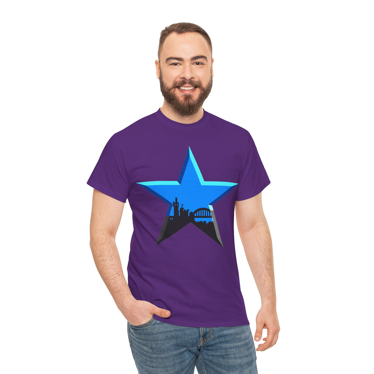 Newcastle City Skyline Star Retro Cotton T-Shirt — Blue Star with Urban Skyline Graphic