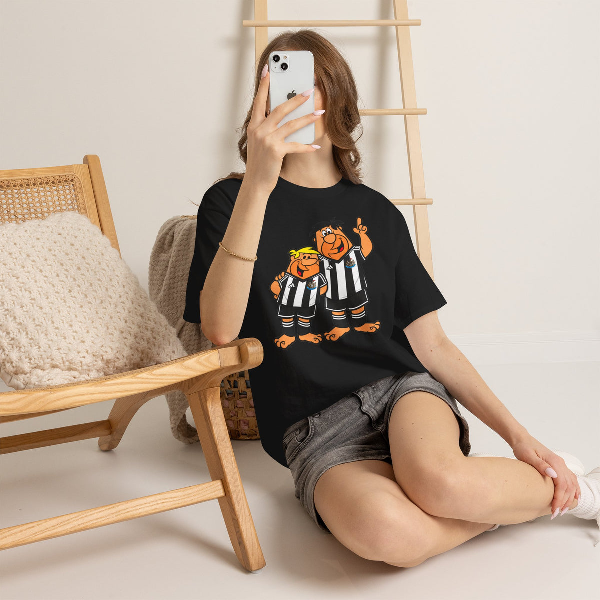 Newcastle United Flintstones Cartoon Cotton T-Shirt / Tee — Retro Striped Jersey Illustrations
