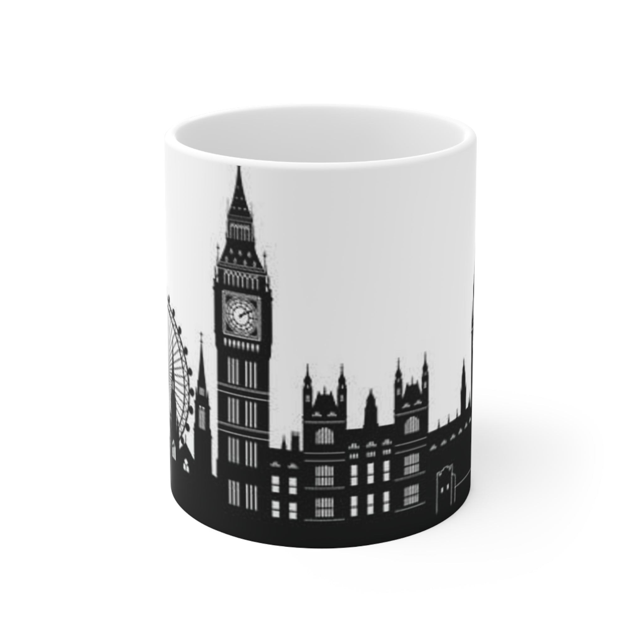 London Skyline Coffee Mug — Black & White Big Ben, London Eye Ceramic Mug (11oz & 15oz)