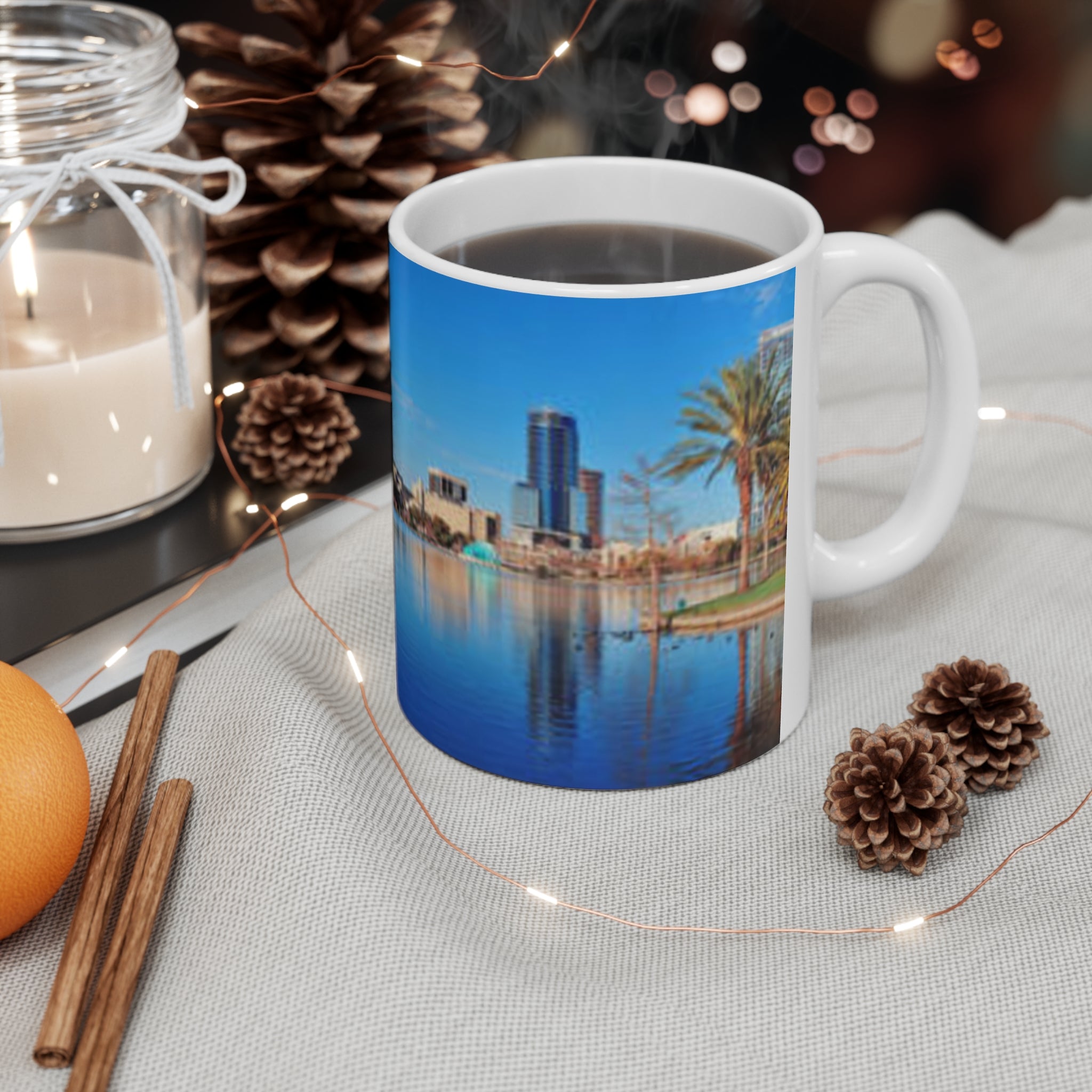 City Skyline Ceramic Mug — Waterfront Reflection Coffee Cup (11oz & 15oz)