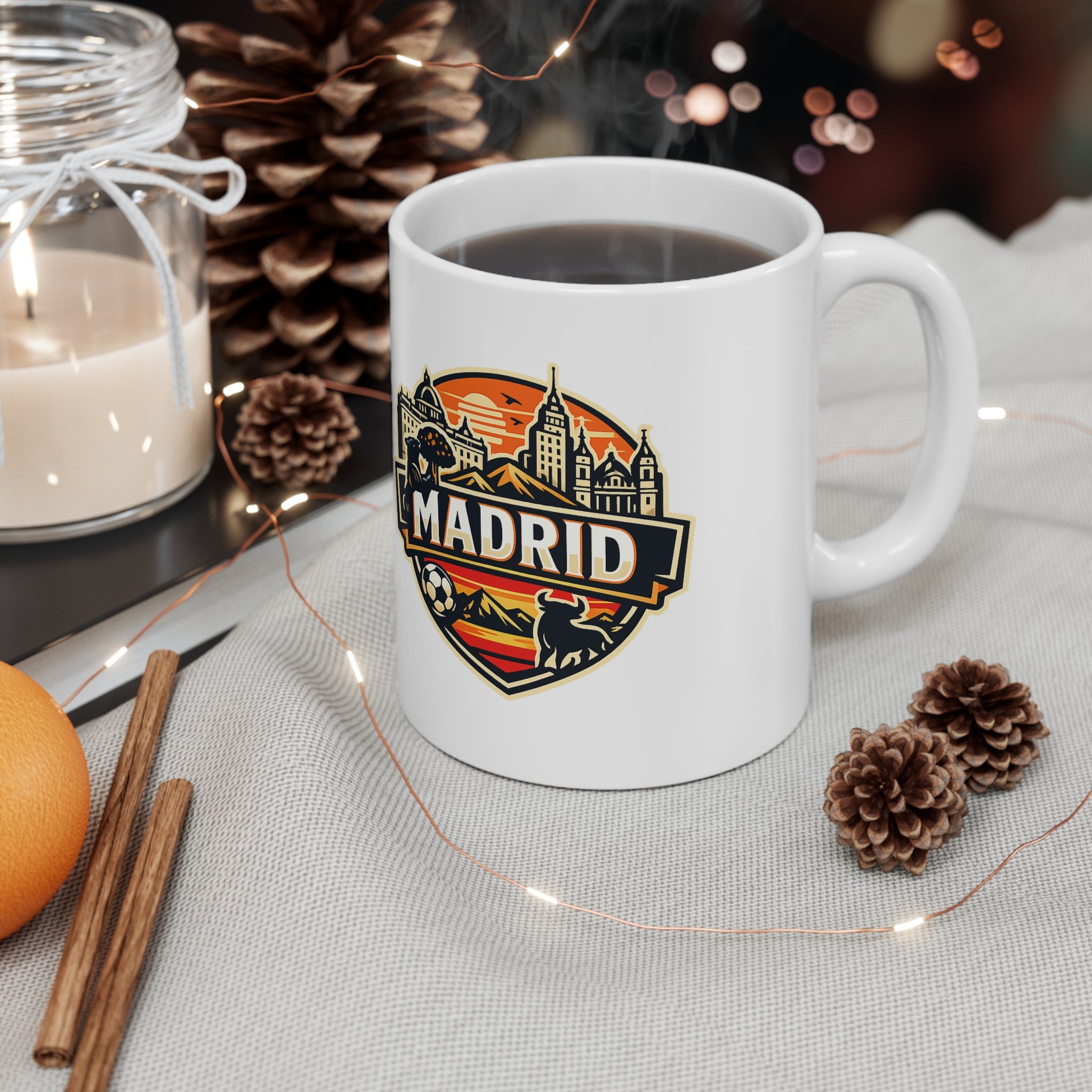 Madrid Souvenir Mug – Vintage Cityscape & Football Ceramic Coffee Cup (11oz/15oz)