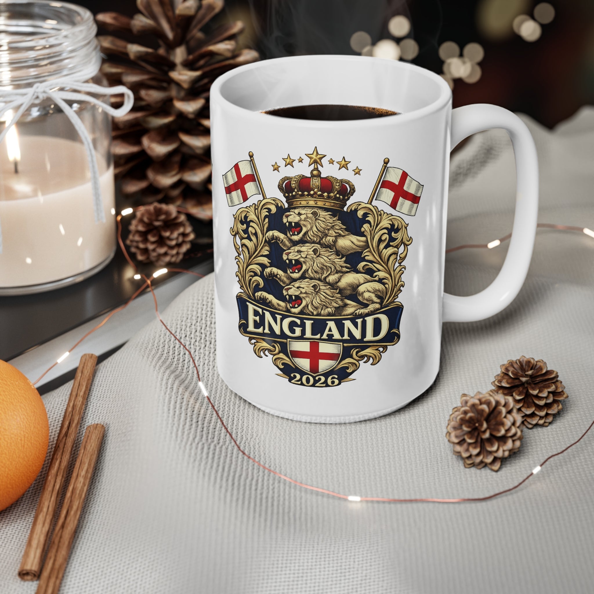 England 2026 Crest Coffee Mug — Vintage Lion Coat of Arms Ceramic Cup (11oz, 15oz)