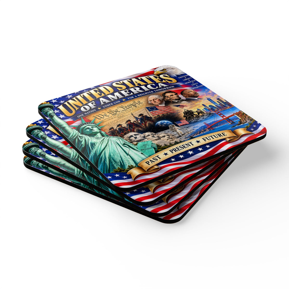 Patriotic USA Cork Coaster Set – United States Collage Design (Past • Present • Future)