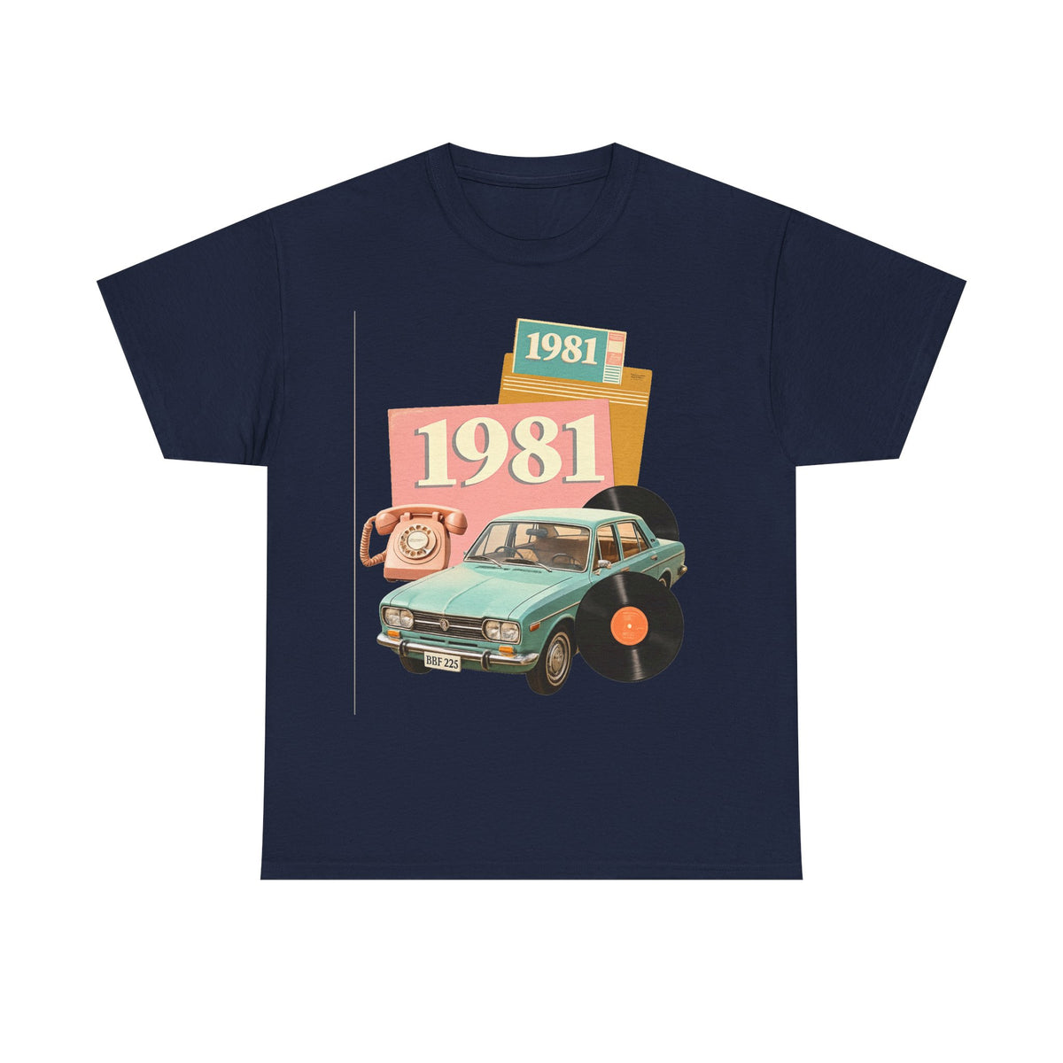1981 Retro Car Tee — Vintage 80s Birthday T-Shirt with Record & Telephone Design