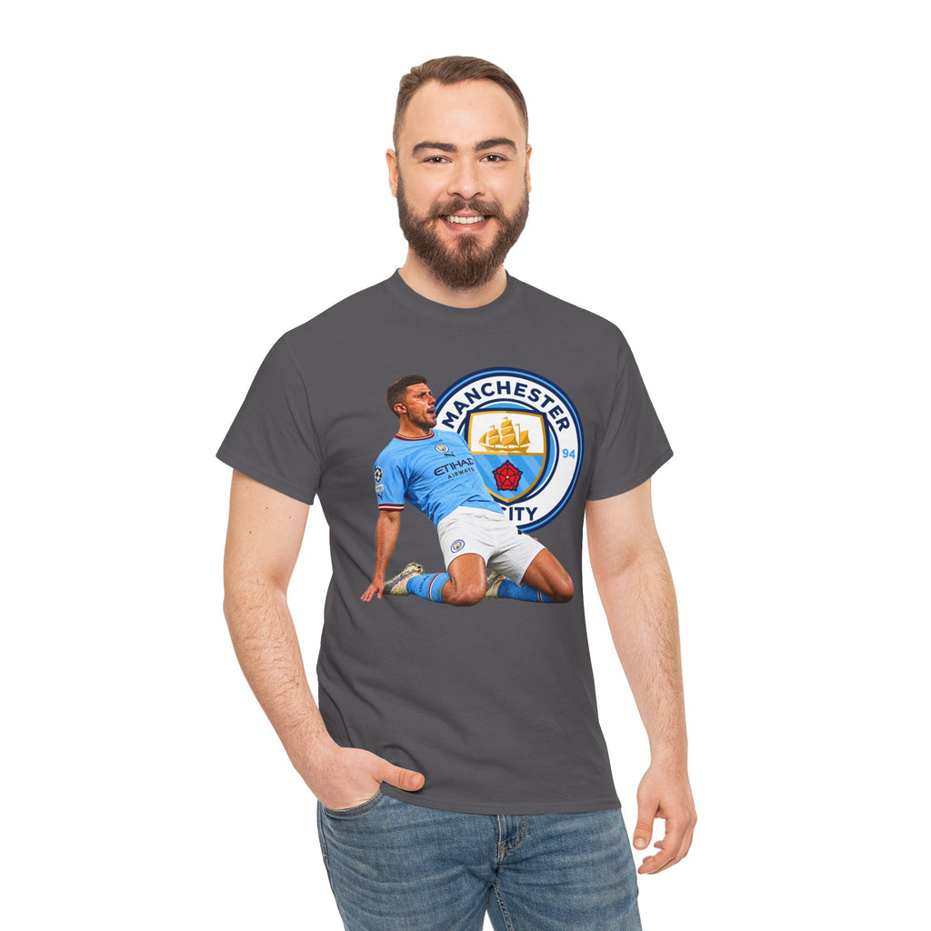 Rodri Manchester City Legend Cotton T-Shirt – Celebratory Slide Graphic Tee