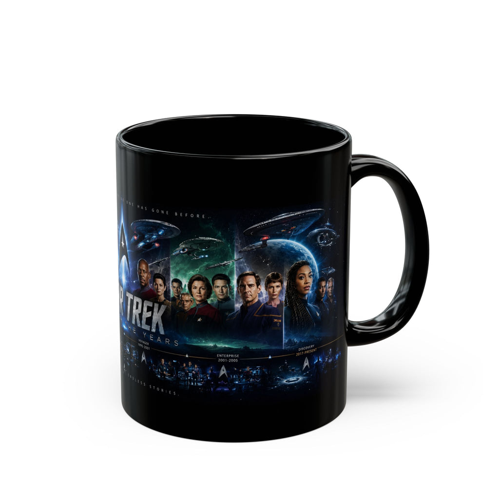 Star Trek Collage Black Mug — Sci‑Fi Crew Montage Coffee Cup (11oz/15oz)