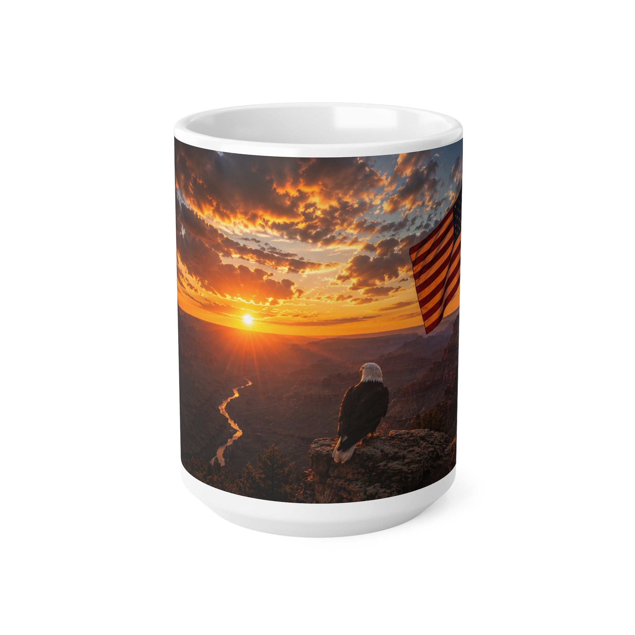 Patriotic Eagle Sunrise Coffee Mug — American Flag Scenic 11oz/15oz Ceramic