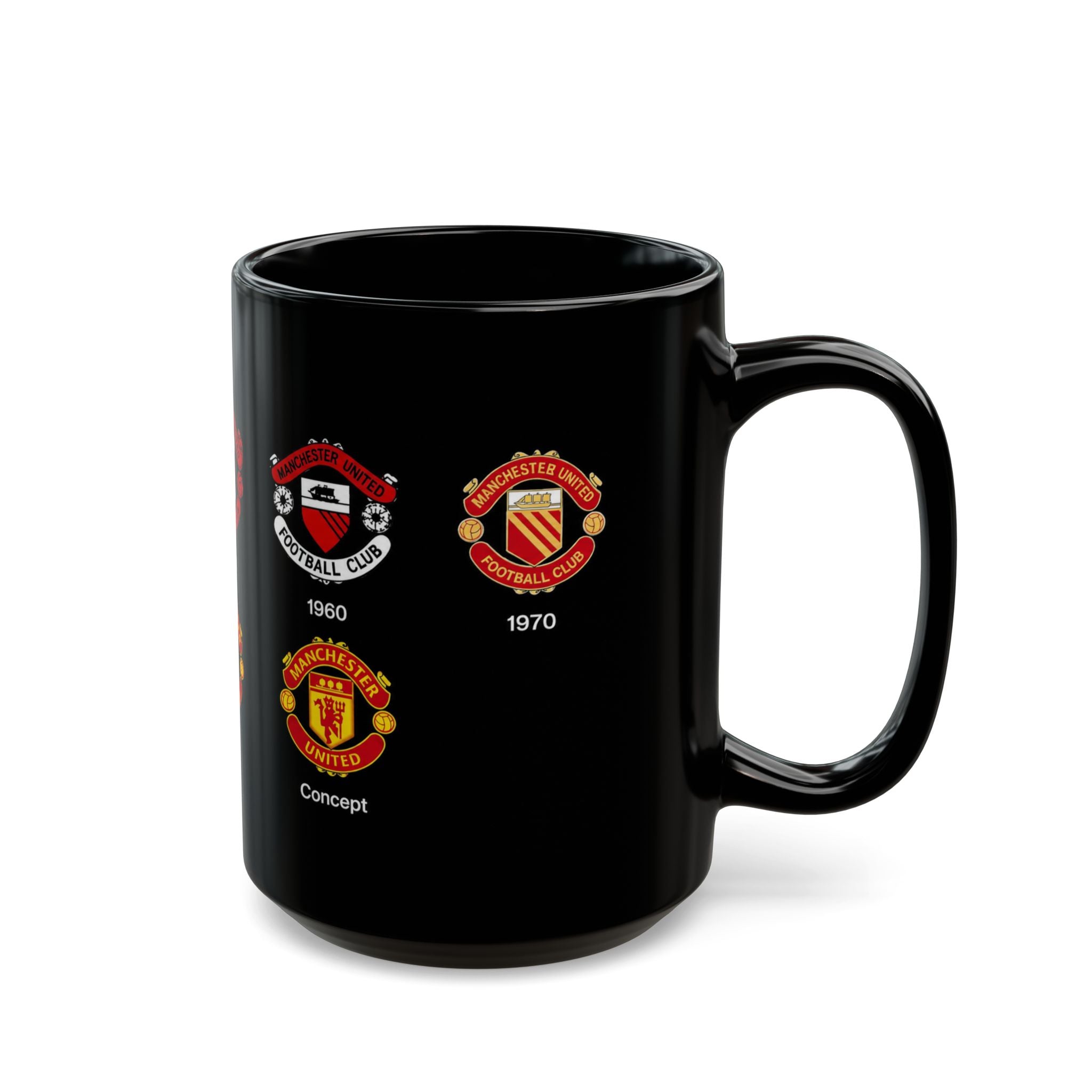 Manchester United History Logo Mug — Vintage Crest Timeline Coffee Cup (11oz/15oz)
