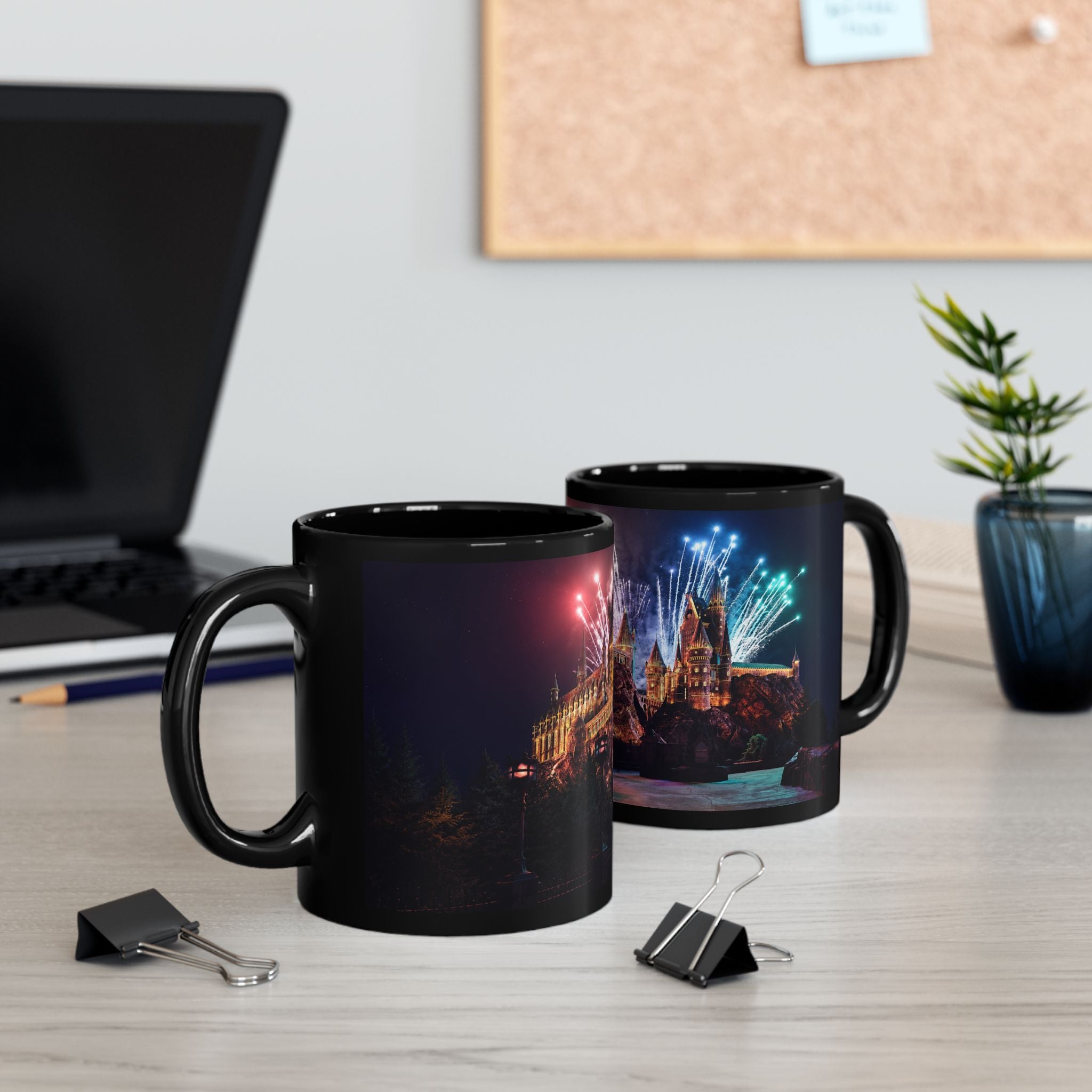 Hogwarts Castle Fireworks Night Black Mug — Castle Nightscape Coffee Cup (11oz/15oz)