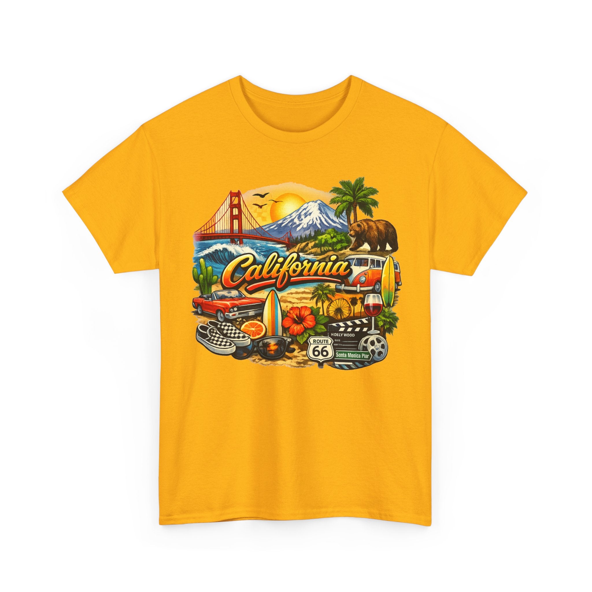 California Vintage Travel T-Shirt — Golden Gate, Palm Trees & Route 66 Tee