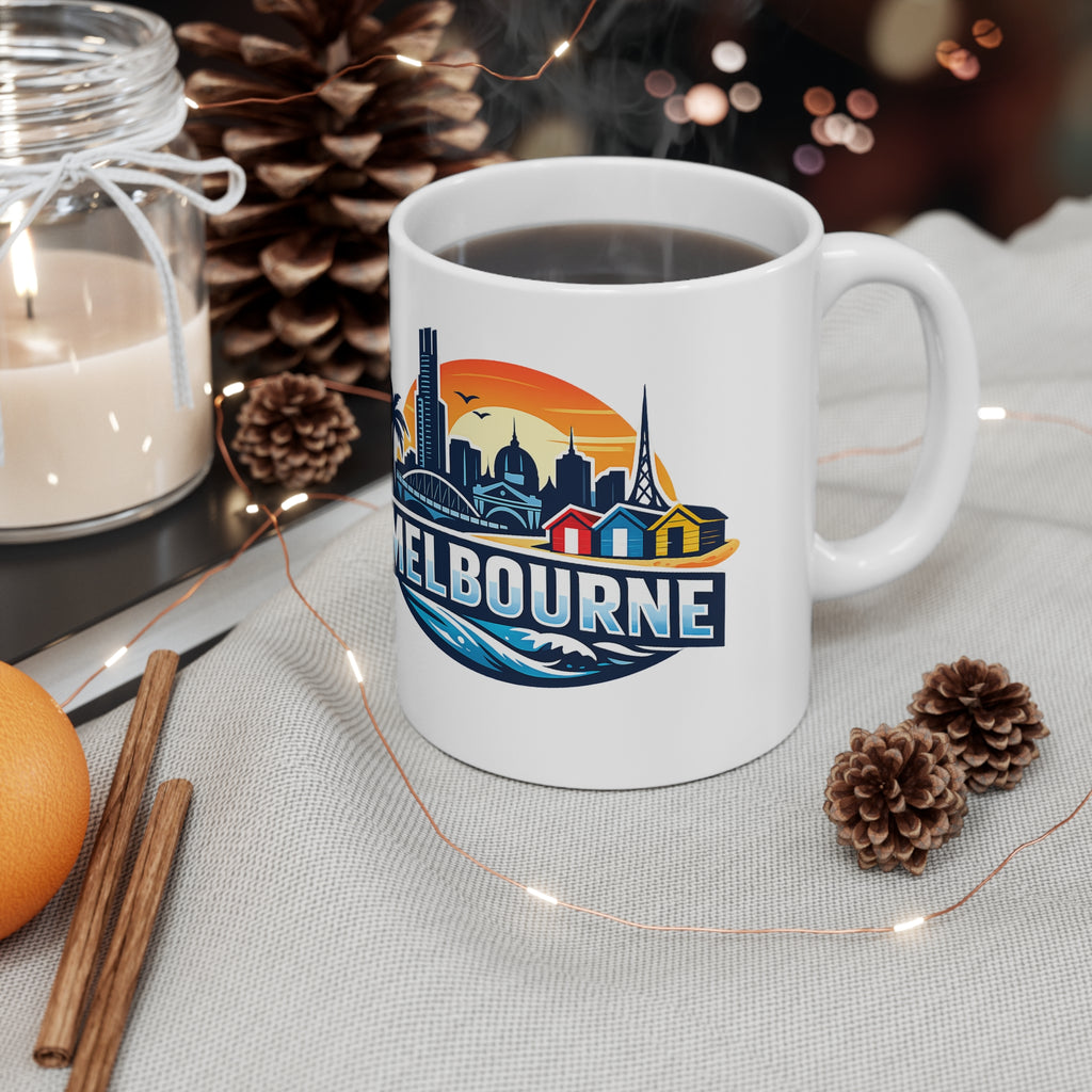 Melbourne Skyline Ceramic Coffee Mug — Retro Beach Cityscape 11oz/15oz
