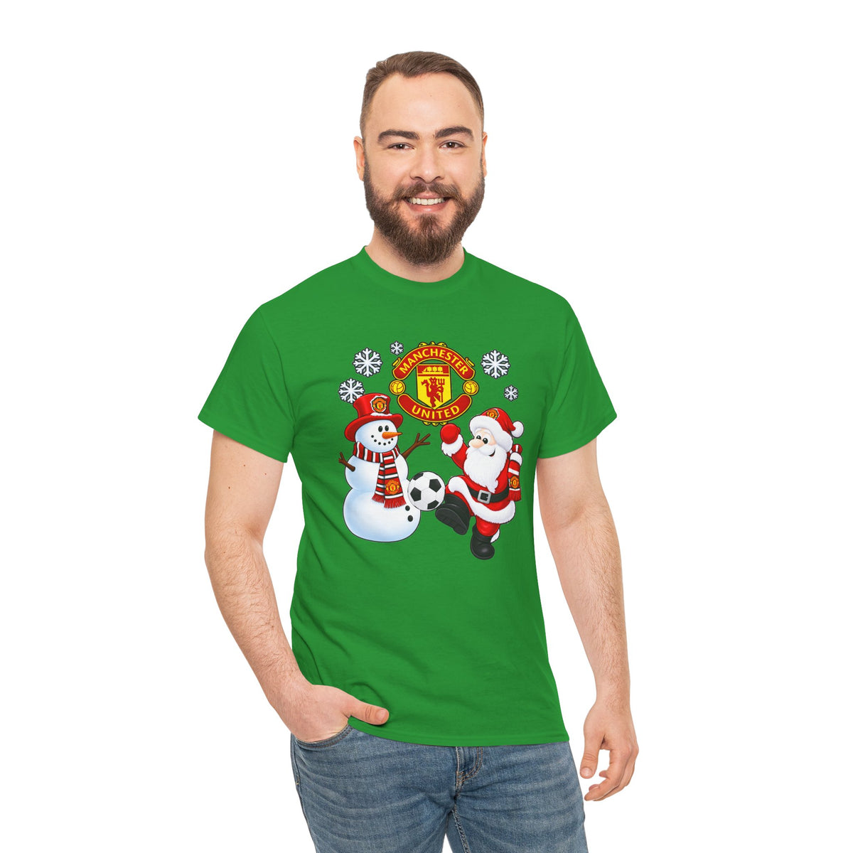 Manchester United Christmas Cotton Tee — Santa & Snowman Football Holiday Shirt