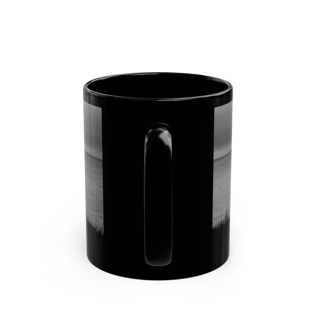 Silhouette by the Sea Black Coffee Mug — Reflective Ocean Sunset Gift (11oz, 15oz)