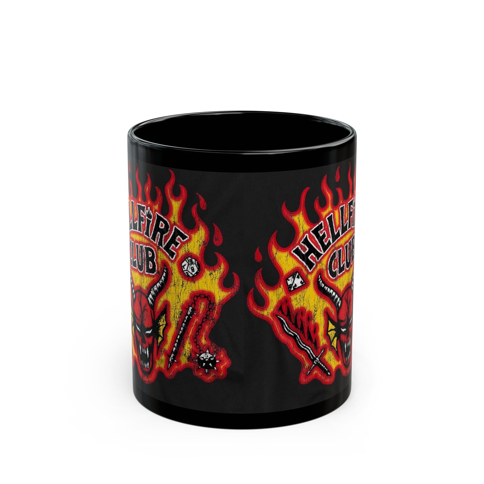 Hellfire Club Black Mug — Flaming Demon Skull Coffee Cup (11oz & 15oz)
