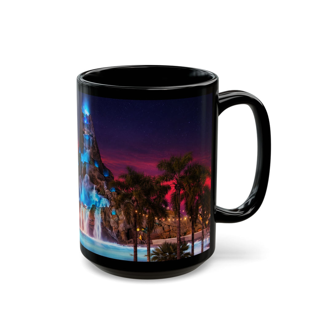 Volcano Bay at Night Black Mug — Illuminated Waterfall & Palm Tree Coffee Cup (11oz/15oz)