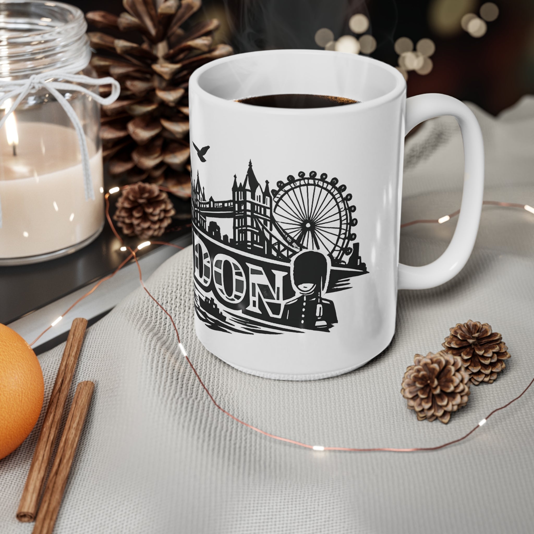 London Skyline Ceramic Mug — Black & White Cityscape Coffee Cup (11oz, 15oz)