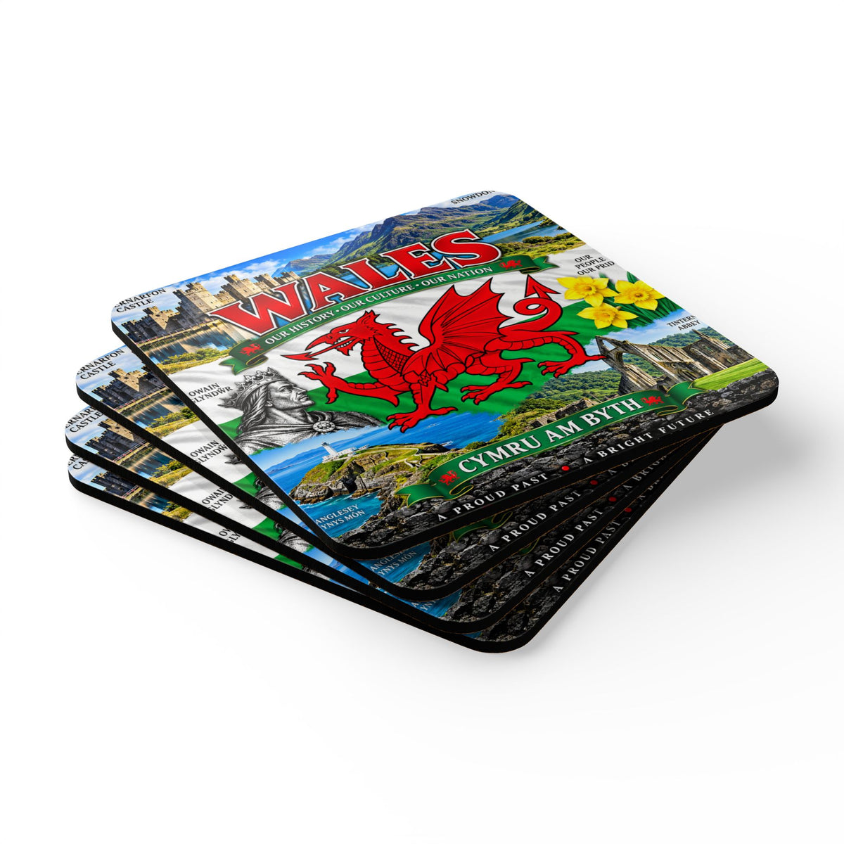 Wales Corkwood Coaster Set — Welsh Dragon, Landmarks & 'Cymru Am Byth' Souvenir Coasters