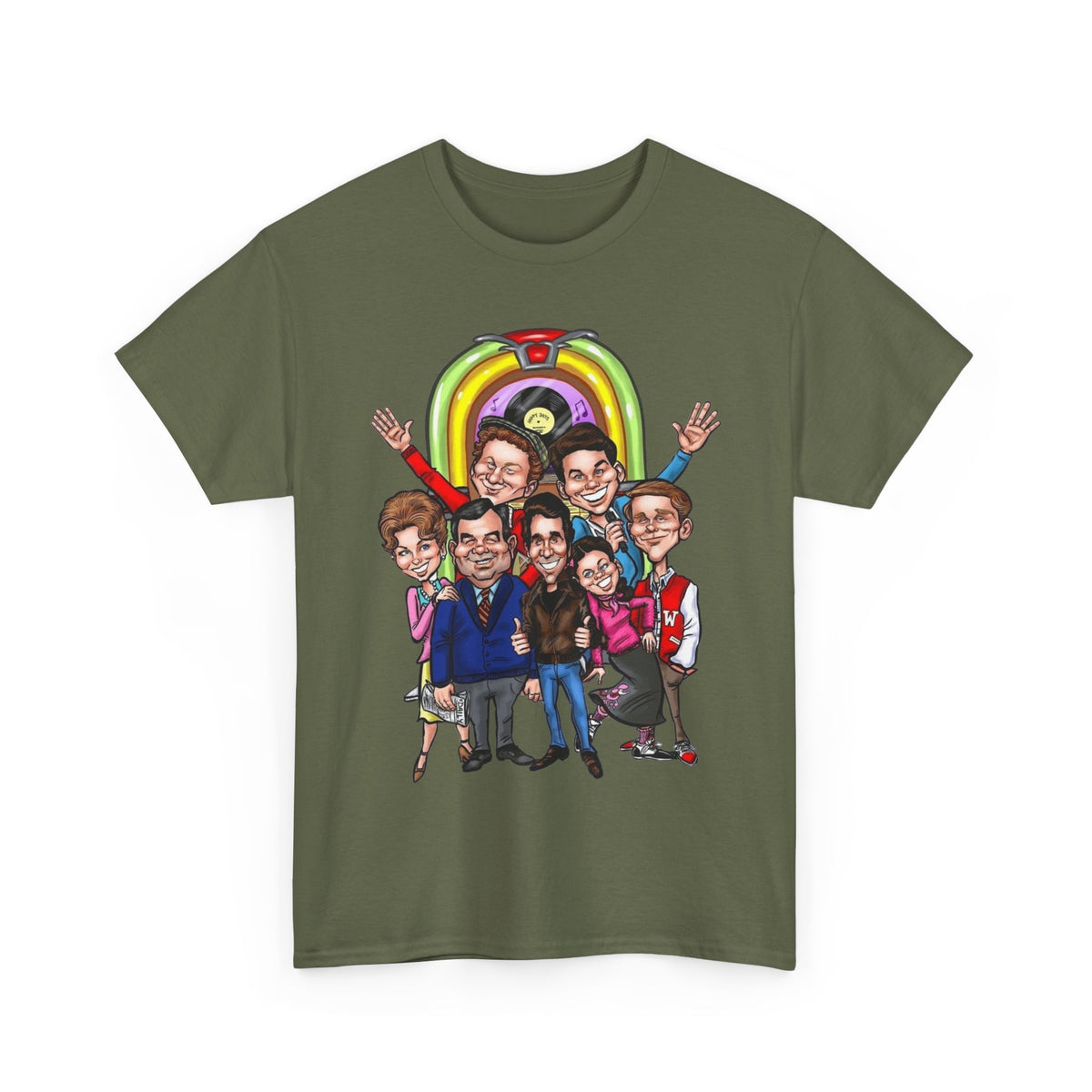 Happy Days Cast Caricature Tee — Retro 70s Sitcom Graphic T-Shirt