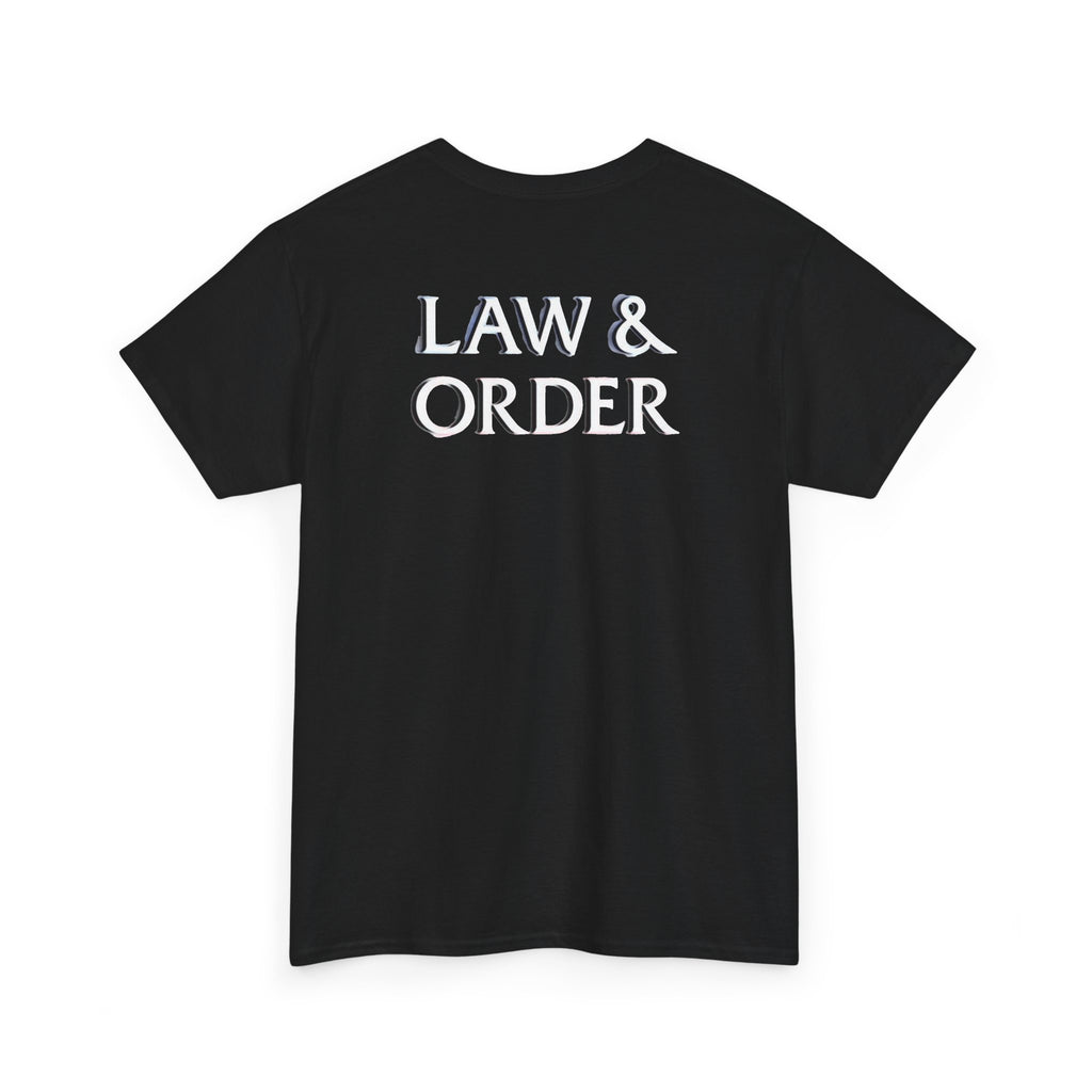 DUN DUN / Law & Order Graphic Tee — Retro Red & Blue Text Shirt