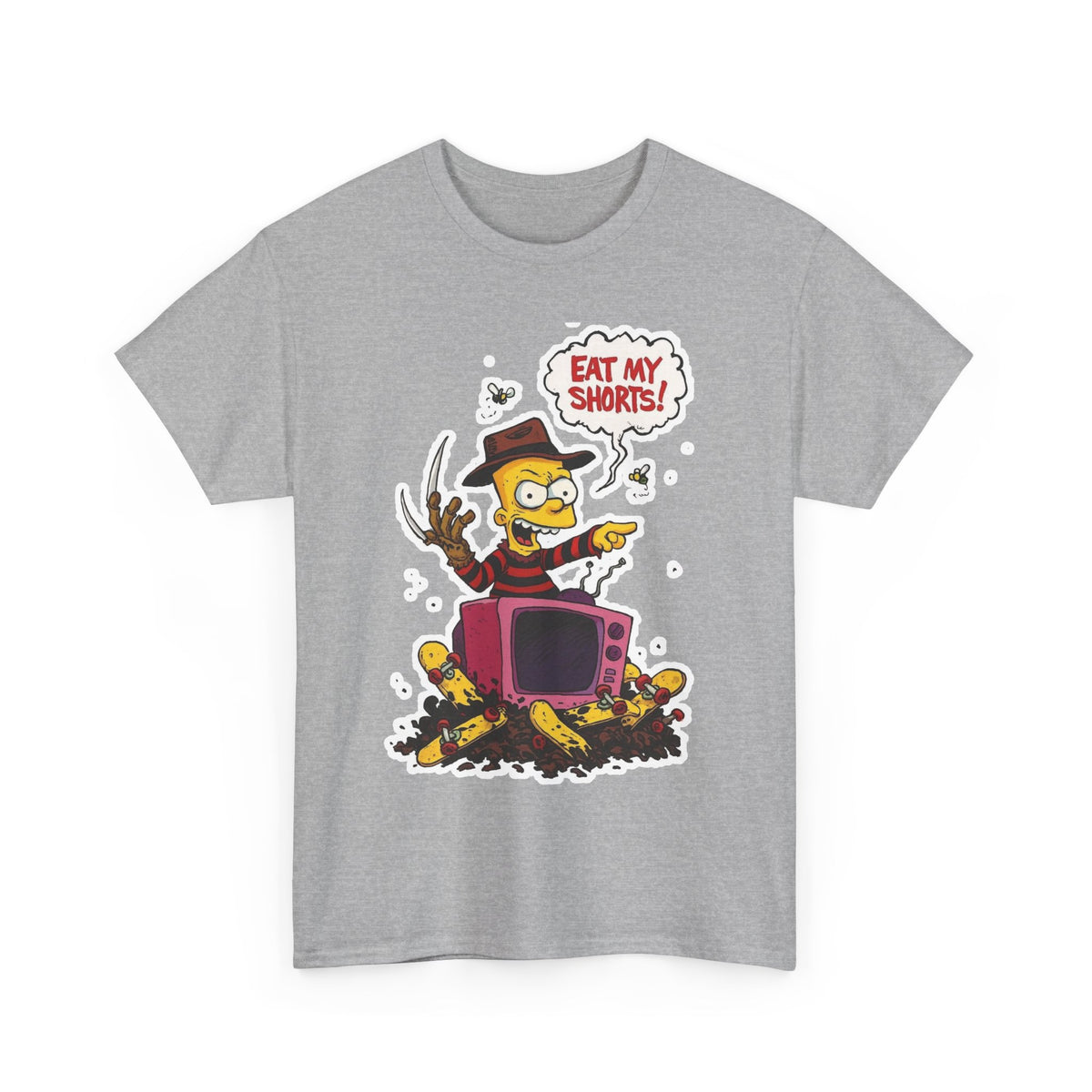 Horror TV Mashup Tee — “Eat My Shorts!” Retro Cartoon Tee