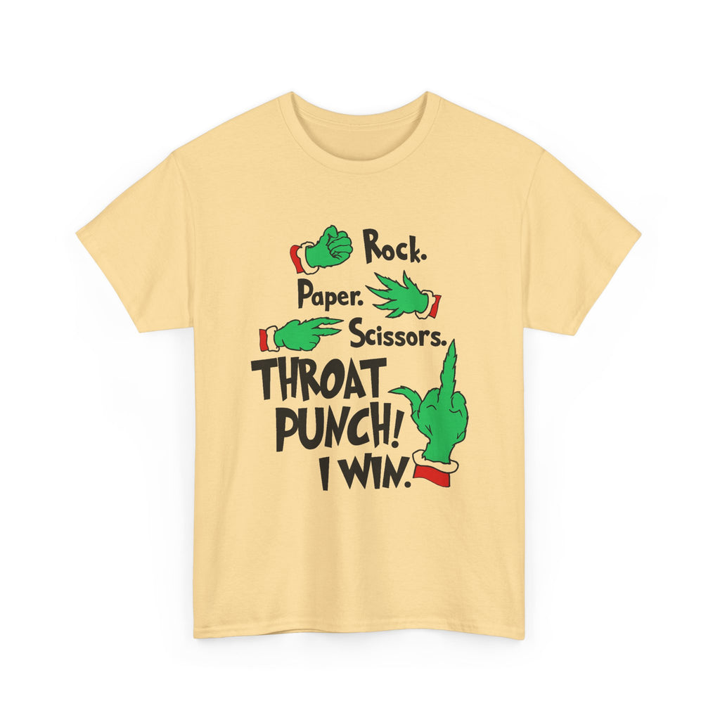Funny Holiday Tee — "Rock. Paper. Scissors. Throat Punch! I Win" Graphic T-Shirt