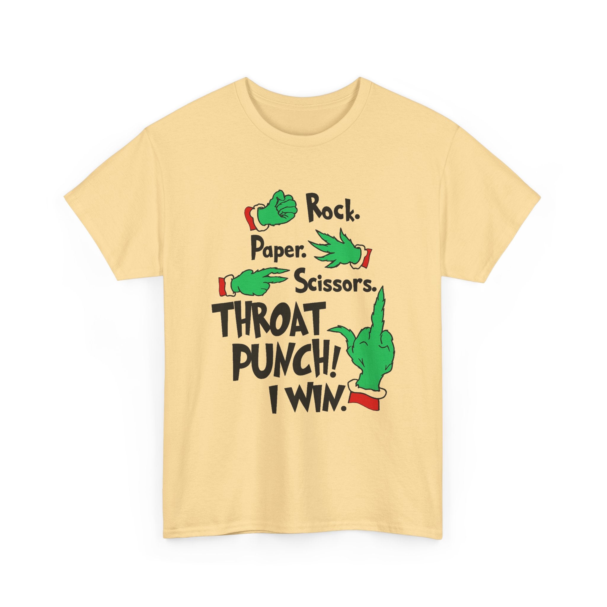 Funny Holiday Tee — "Rock. Paper. Scissors. Throat Punch! I Win" Graphic T-Shirt