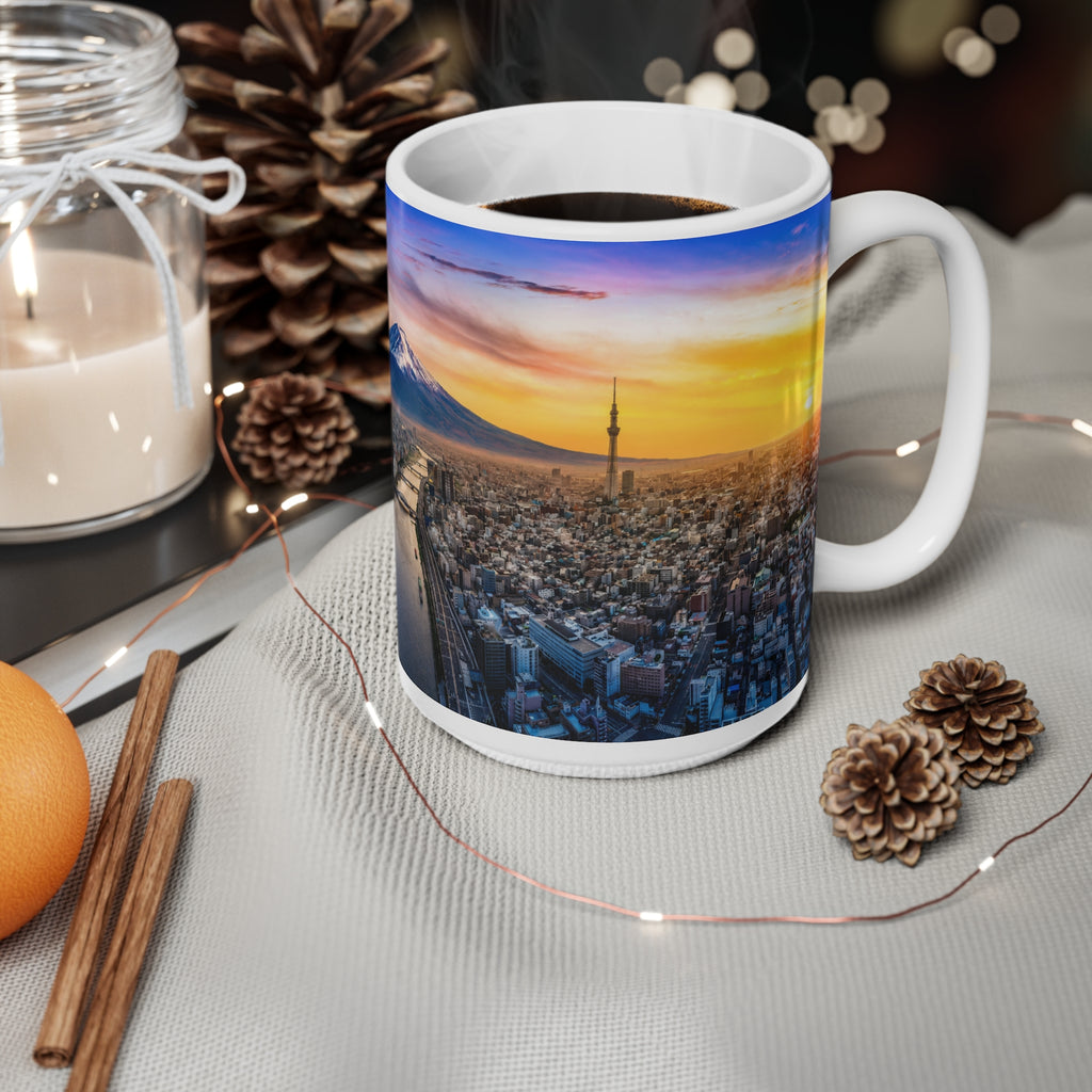 Mountain City Sunrise Ceramic Mug — Scenic Mount Fuji Panorama Coffee Cup (11oz, 15oz)