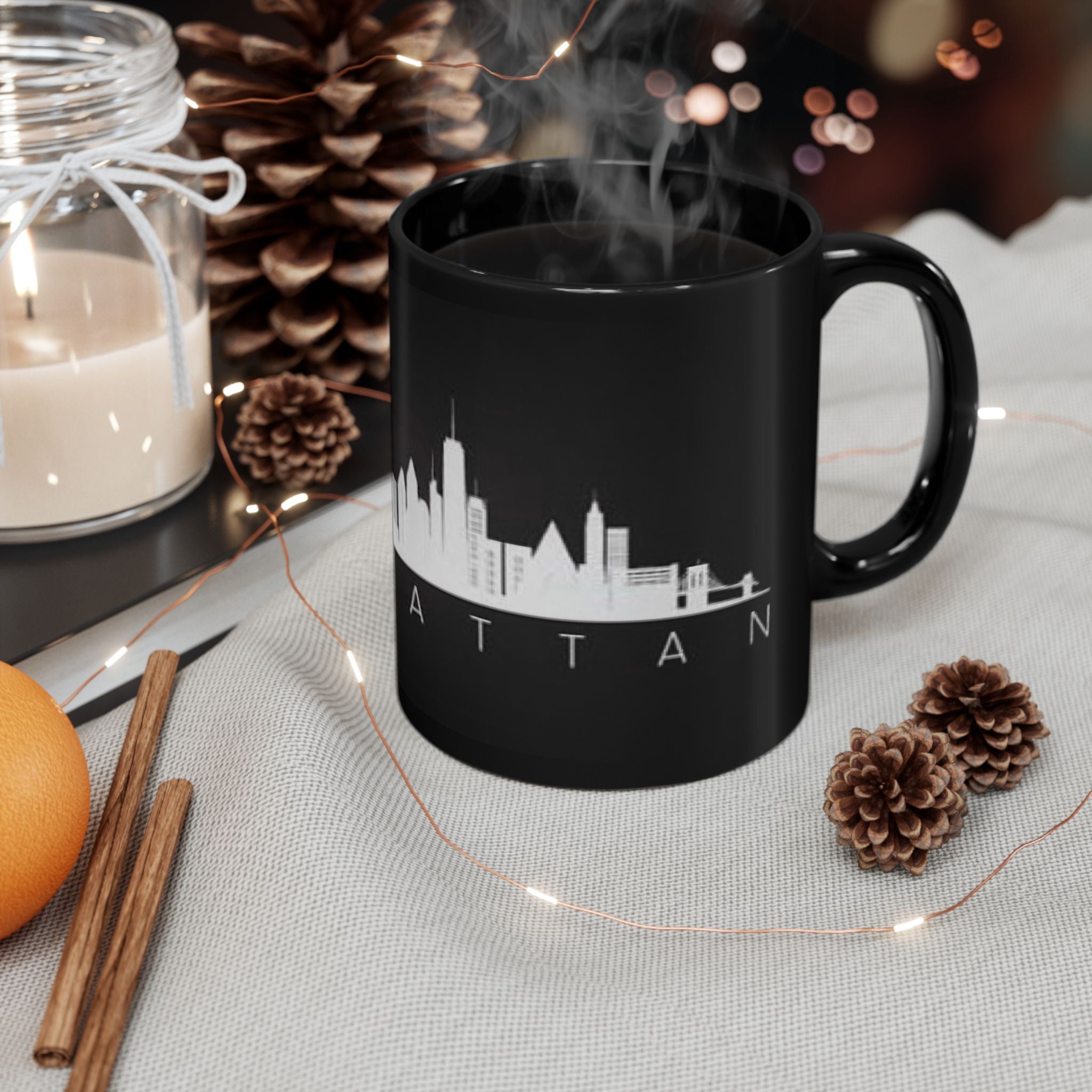 Manhattan Skyline Black Mug — Cityscape Coffee Cup (11oz & 15oz)