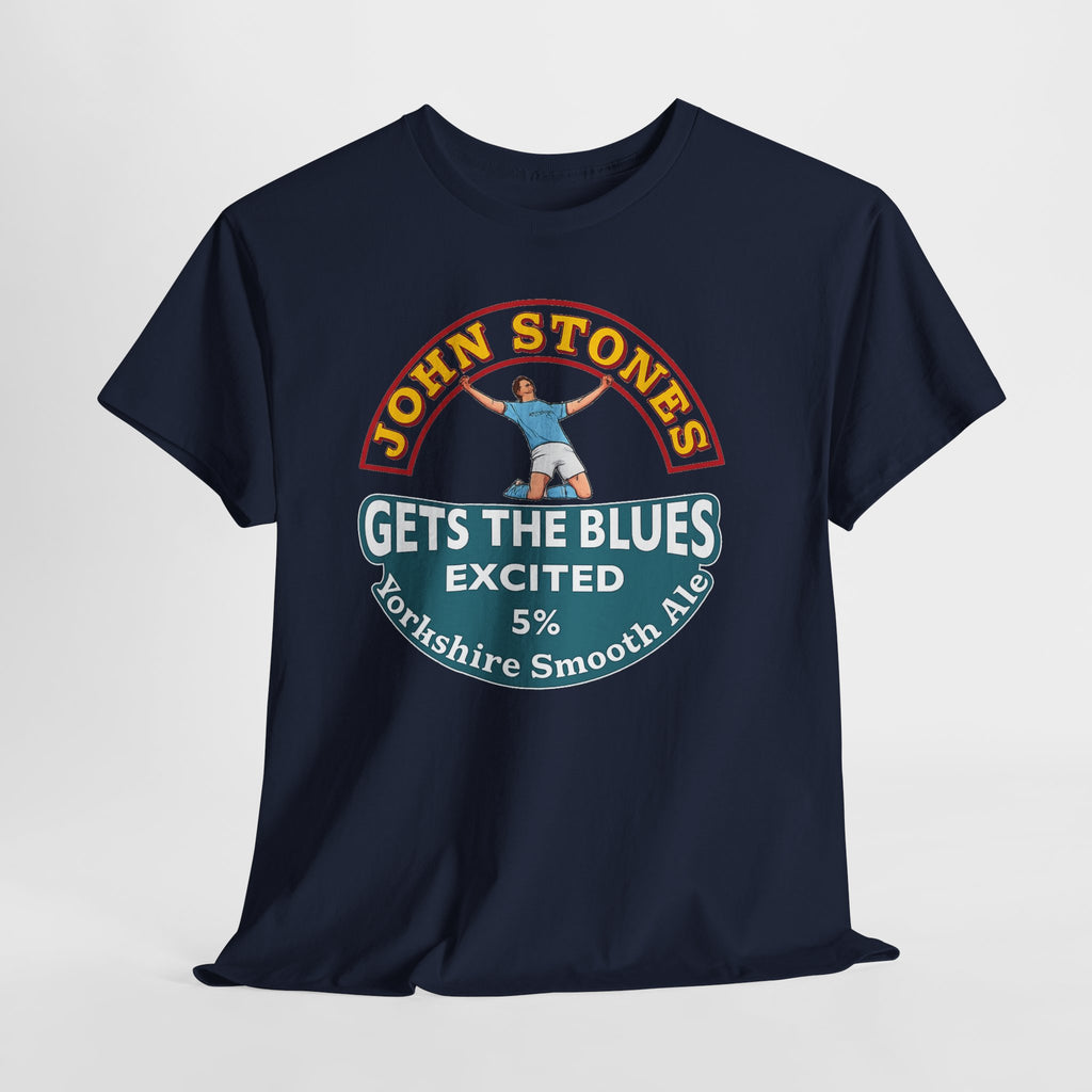 John Stones T-Shirt — "Gets The Blues Excited" Retro Ale Parody Tee