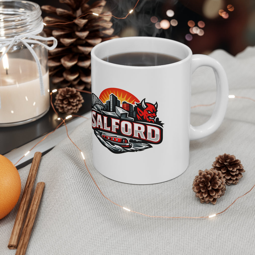 Salford City Skyline Coffee Mug – Devils Logo Ceramic Cup (11oz & 15oz)